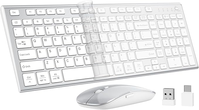 Wireless Keyboard and Mouse, GALENMORO Silent Quiet Combo Low Profile USB C Full Size Compact with Number Pad Flat Soft Touch Cordless for Mac Computer PC Laptop Macbook iMac Office - White and Silver