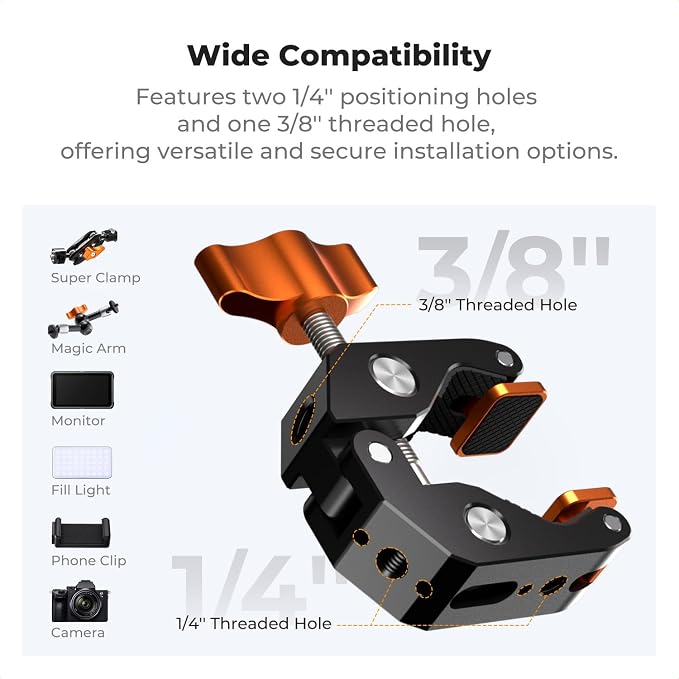 K&F CONCEPT Camera Mount Clamp, Super Crab Clamp with Rotatable Clamping Block, 1/4" and 3/8" Thread Holes for Round Pipe Flat Surface, Camera Mounts, and Other Photographic Accessories - Image 3