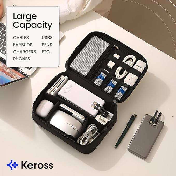 Keross Cable Organizer Bag for Travel with Removable Dividers – Electronics Organizer Case for Chargers, Cables, Power Banks & Accessories, Large Capacity Tech Pouch for Work, Desk & Travel