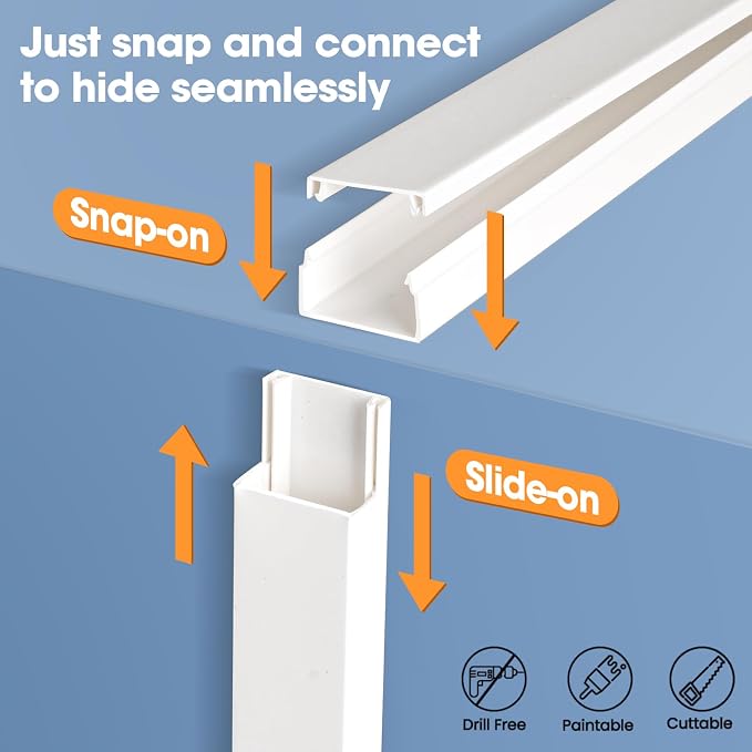 1000in Cord Hider Kit, Cord Covers for Wires on Wall, Paintable Cable Raceway, Cord Hider for Wall Mount tv, tv Cable Hider Wall kit, Wire Covers for Cords, 64X L15.7 X W0.96in X H0.57in, White - Image 5