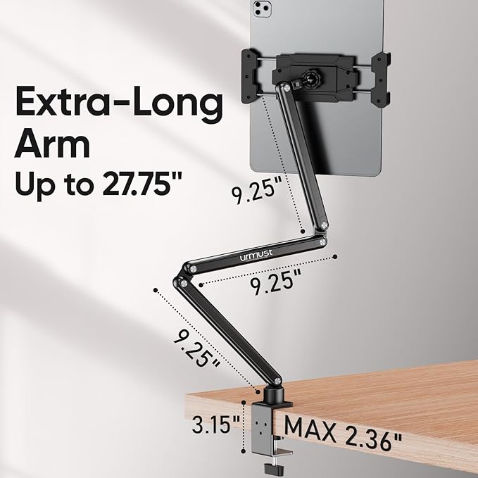 Urmust Portable Monitor Stand 15.6", iPad Stand for Desk, Portable Monitor Holder up to 18.5" Holds, Adjustable Desktop Tablet Arm Mount, Apple iPad Holder for Desk, for 4.7"-12.9" i Pad Pro/Air/Mini