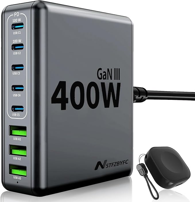 400W USB C Charger Block 8 Port Fast Charging Station with iWatch Fast Wireless Charger Upgraded 9 in 1 GaN III PD 100W Laptop Charger Adapter Compatible with MacBook Pro/Air, iPhone16/15, Galaxy