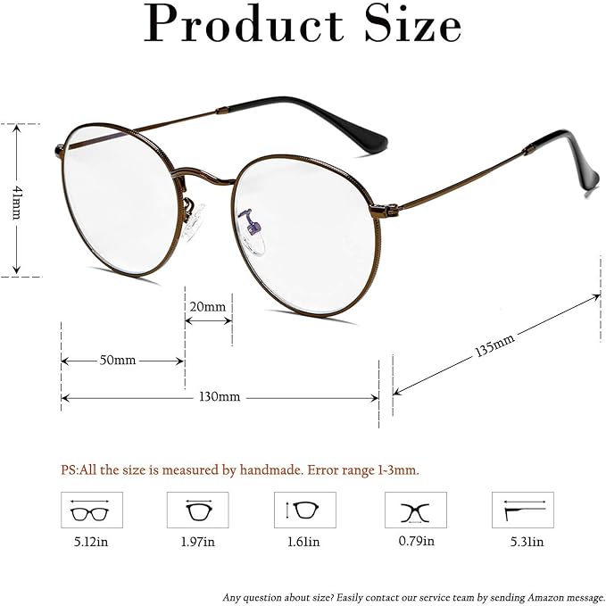 HJSTES Round Blue Light Glasses for Women Men Retro Circle Clear Lens Metal Frame Eyeglasses