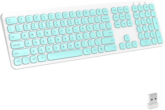 Cimetech Wireless Keyboard - 2.4G Full Size with Number Pad, Silent Ergonomic, 110 Keys, for Laptop, Desktop, PC, Mac, Windows 10/8/7/XP (Aqua Green)