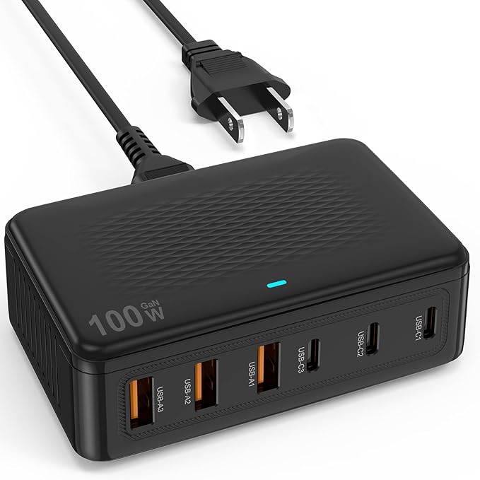 USB C Fast Charger Block, 100W GaN 6 Port PD USB C Wall Charging Station Hub, Type C Power Adapter Plug Cube Brick Box for Apple iPhone 17 16 15 14 13 12 Pro Max,iPad, MacBook Pro/Air/, Samsung Galaxy