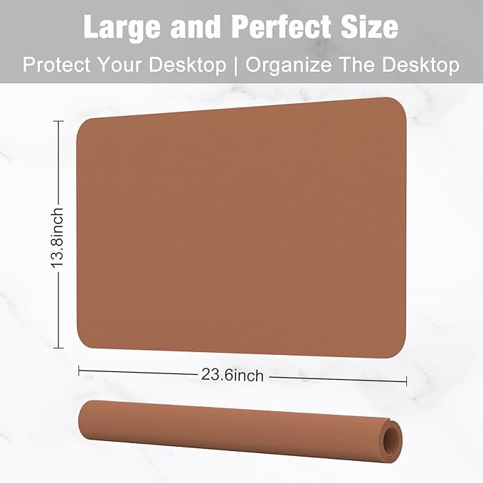 Hsurbtra Desk Pad, 23.6" x 13.8" PU Leather Desk Mat, M Extended Mouse Pad, Waterproof Desktop Blotter Protector, Non-Slip Ultra Thin Small Laptop Keyboard Writing Mat for Office Home, Dark Apricot