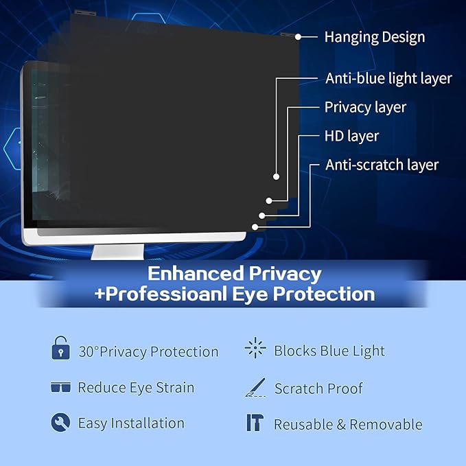 Computer Privacy Screen Filter 21.5 Inch, 9H Hardness Hanging Computer Screen Privacy Shield Compatible with 16:9 Widescreen Monitor, Eye Protection and Blue Light Blocks