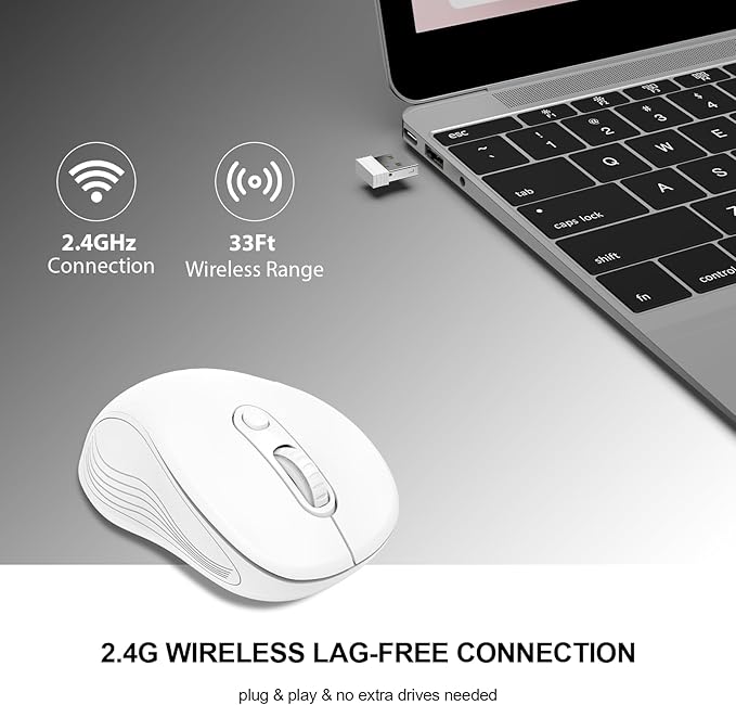 WisFox 2.4G Wireless Mouse for Laptop, Ergonomic Computer Mouse with USB Receiver and Type-C Adapter, 3 Adjustable Levels DPI, 6 Button Cordless Wireless Mice (Pure White)