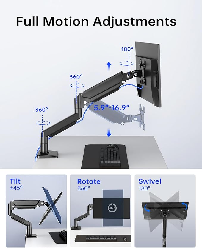 Single Monitor Stand for 13 to 32 inch Screens, Gas Spring Monitor Arm with Swivel, Tilt, Rotation, Height Adjustable, Desk Mount with C-Clamp and Grommet Base, Holds 4.4 to 19.8lbs Screen, Black