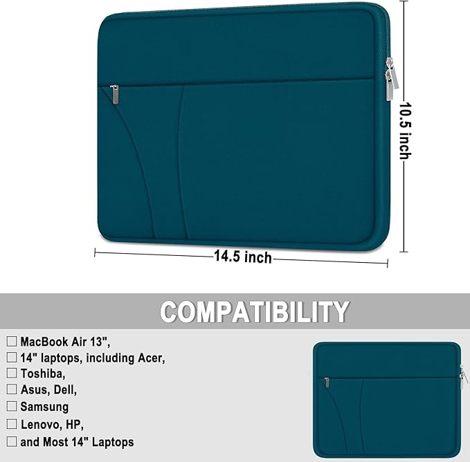 Laptop Sleeve Case 14 inch, Traveling Laptop Cover with Zippered Pocket, Shockproof Protective Carrying Briefcase Computer Bag for 14" MacBook Air/Pro, HP, Dell, Lenovo, Acer, Cyan