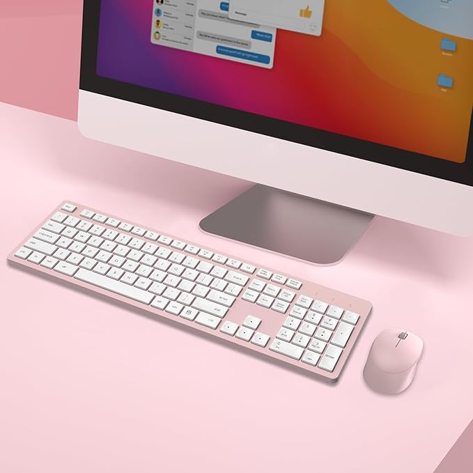 LeadsaiL Pink Wireless Keyboard and Mouse Combo, Full-Sized Ergonomic Computer Keyboard, 2.4GHz Cordless Keyboard Silent Mouse Set with 2-in-1 USB Receiver, 12 FN Shortcuts for Windows Laptop, PC/Mac