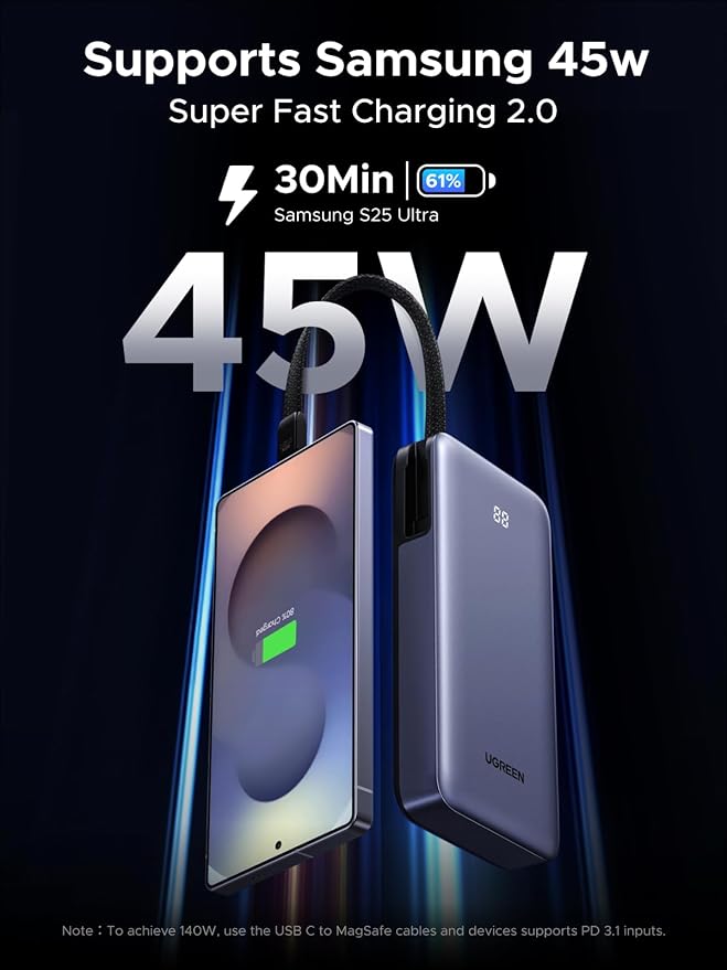UGREEN Nexode Power Bank 20000mAh 45W with Built-in Cable, Fast Charging Portable Charger for iPhone 17 Pro/Samsung S26 Ultra/iPad Pro, 3-Port External Battery Pack with Digital Display, Travel Ready
