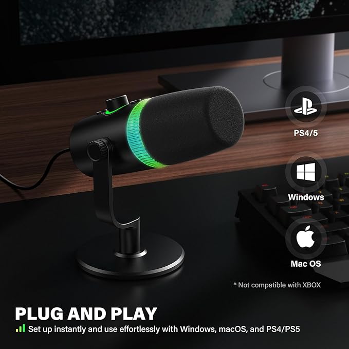 USB/XLR Dynamic Microphone Podcast & Gaming Microphone for PC, Vocal Mic with RGB Lighting, Tap-to-Mute, Gain Control & Headphone Monitoring for YouTube Streaming