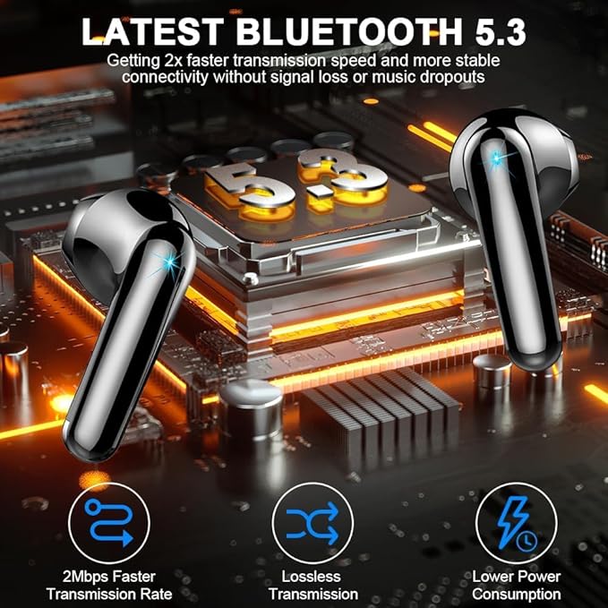 Wireless Earbuds, Bluetooth 5.3 Headphones in Ear 50H Playback Hi-Fi Stereo Ear Buds 4 ENC Mics, Bluetooth Earbud LED Display Charging Case 2024 Wireless Earphones IP7 Waterproof Sport for Android iOS
