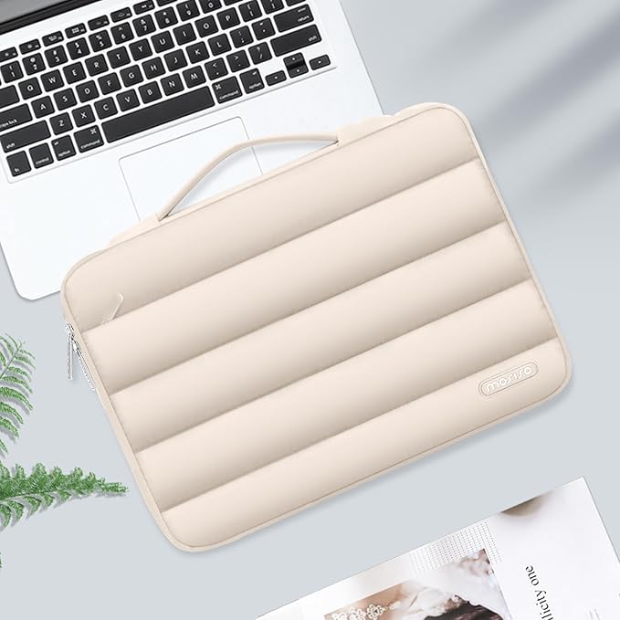 MOSISO 360 Protective 13-14 inch Laptop Case, 13.3 inch Puffy Laptop Sleeve Compatible with MacBook Air 13 13.6 M3 M2 M1/Pro 13/14, HP, Dell, ASUS, Lenovo,Polyester Horizontal Side Open Bag, Sand