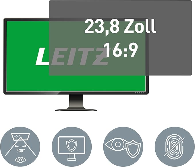 Leitz Monitor Privacy Filter 23.8 Inch (16:9), Removable Protective Film, with Blue Light Filter and Anti-Glare Protection, Can be Used on Both Sides, Touchscreen Compatible, Made in Germany, 69010000