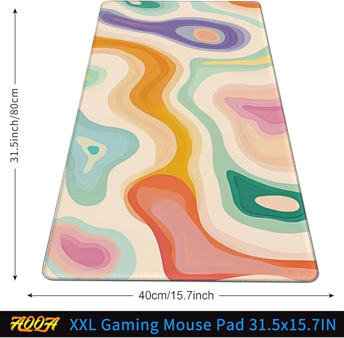 AQQA Abstract Aesthetic Desk Mat Desktop,Gaming Mouse Pad Long Cute Large Desk Pads 31.5X15.7 Inch Mousepad with Non-Slip Base Stitched Edge Keyboard Mat for Gaming Office, Abstract Modern Colorful