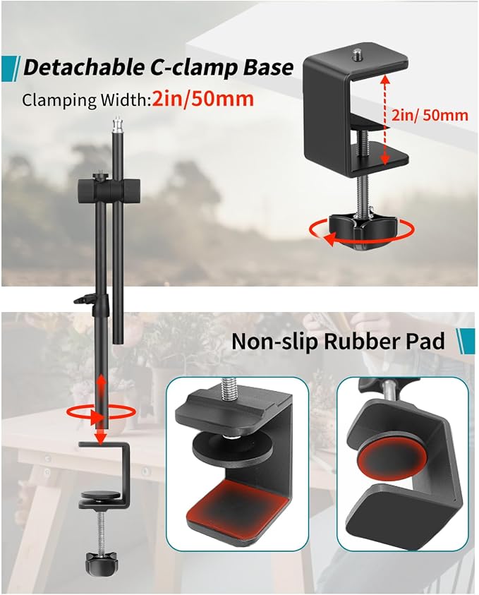 Overhead Camera Mount Desk Stand, Camera Arm Desk Mount Clamp Stand with 360??Adjustable Magic Arm, Webcam Arm Mount Stand w Ballhead Phone Mount for Desk Logitech Microphone Video Light Cell Phone - Image 7
