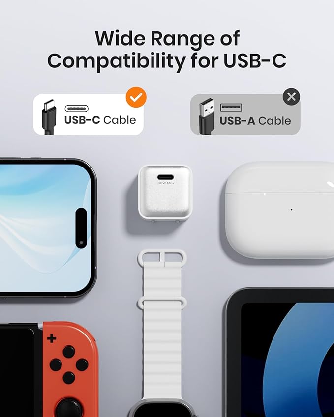 30W Compact Wall Charger, USB C Charger Block with GaN III Tech, PD3.0 PPS QC4.0 Fast Charging Foldable Power Adapter for iPhone 17 16 15, Galaxy, Pixel, iPad, AirPods (White, 1 Pack)