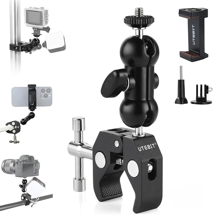 UTEBIT Super Clamp Camera Mount with 360?? Ballhead Magic Arm, Super Clamp Mount with 1/4" and 3/8" Thread, Desk/Bike/Bicycle/Motorcycle/Handlebar for GoPro, Phone, Camera, Monitor, LED Light by UTEBIT