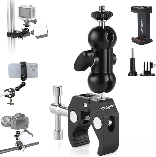 UTEBIT Super Clamp Camera Mount with 360?? Ballhead Magic Arm, Super Clamp Mount with 1/4" and 3/8" Thread, Desk/Bike/Bicycle/Motorcycle/Handlebar for GoPro, Phone, Camera, Monitor, LED Light by UTEBIT