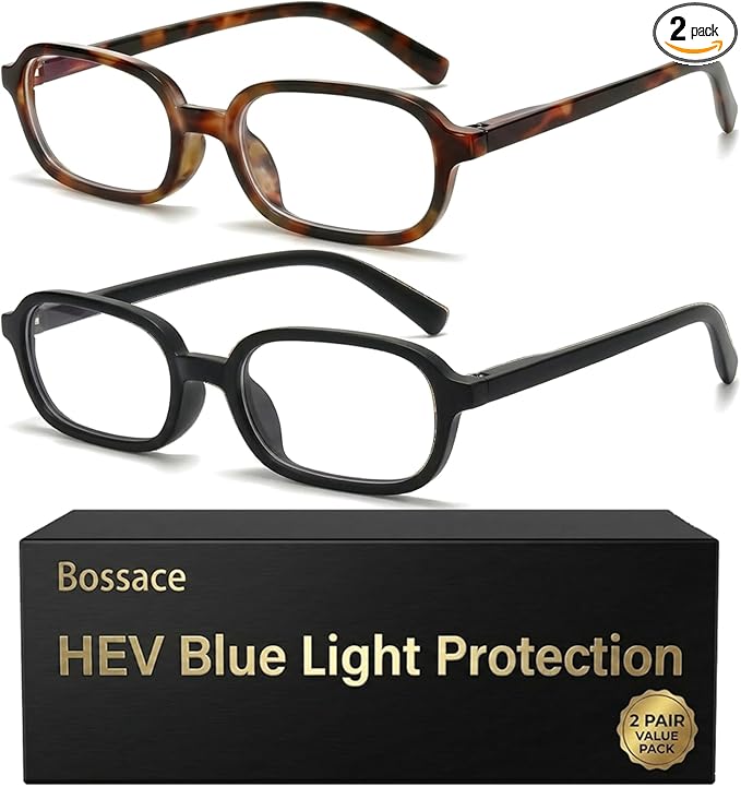 2 Pack Rectangle Blue Light Glasses for Women, Lightweight TR90 Small Frame with Spring Hinge for All-Day Comfort, Anti UV Glare & Eyestrain