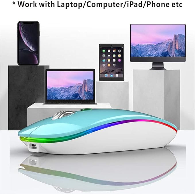TENMOS Wireless Bluetooth Mouse, LED Slim (BT 5.1 + USB) 2.4GHz Rechargeable Silent Bluetooth Wireless Mouse with Type C Adapter for Laptop/MacBook/iPad OS 13 and Above (Blue)
