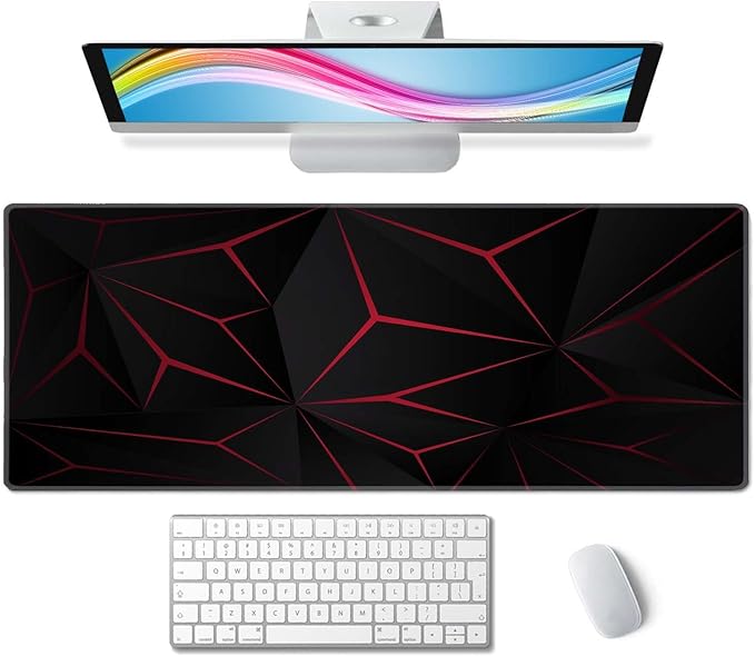 Mouse Pad Gaming, Large Mouse Pads for Desk, Keyboard Mouse Mat Desk Pad, Non-Slip Rubber Base with Stitched Edges Mousepad, 31.5x11.8 inch Abstract Polygonal Triangle Dark Red