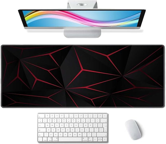 Mouse Pad Gaming, Large Mouse Pads for Desk, Keyboard Mouse Mat Desk Pad, Non-Slip Rubber Base with Stitched Edges Mousepad, 31.5x11.8 inch Abstract Polygonal Triangle Dark Red