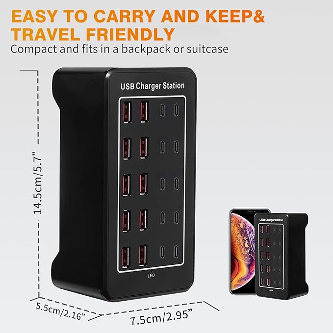 USB Charging Station, USB C Charger Block, 20Port (20A) Multiple Charging Hub Desktop 10 Port USB Charger Compatible for Apple iPhone, iPad, Samsung, Pixel, Cell Phone, Tablets, Office Home Use