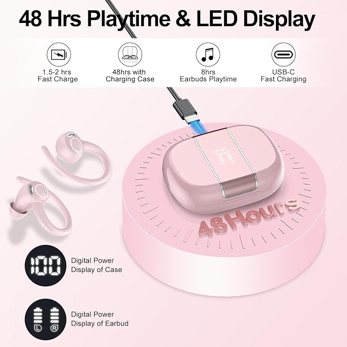 Wireless Earbuds Bluetooth 5.3 Headphones Sports, 48H Over Ear Buds with ENC Mic, Stereo Deep Bass Bluetooth Earbuds with Secure Earhooks, LED Display, IPX7 Waterproof Earphone for Running/Gym Rose