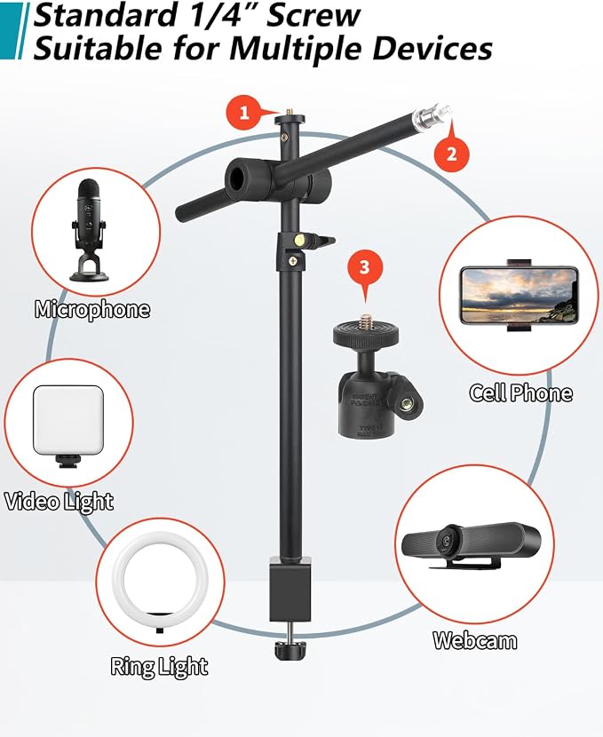 Overhead Camera Mount Desk Stand, Camera Arm Desk Mount Clamp Stand with 360??Adjustable Magic Arm, Webcam Arm Mount Stand w Ballhead Phone Mount for Desk Logitech Microphone Video Light Cell Phone - Image 4