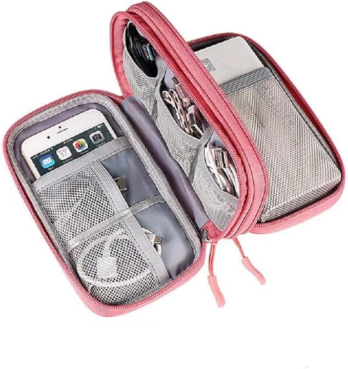 Yiasangly Electronic Organizer Bag, Waterproof Portable Travel Cable Storage Bag, Multifunctional Cord Storage Case for USB Drive, Dard Drive, Power Bank, Charger, Mouse, USB Cable, Headphones - Pink