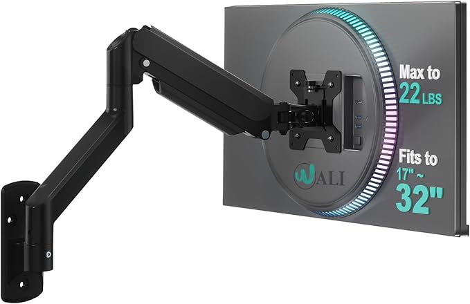 WALI Computer Monitor Wall Mount for 17 to 32 Inch Screens, Single Monitors Mount Holds up to 22lbs, Fully Adjustable Wall Mount Monitor Arm, 75x75/100x100mm VESA Mount (GSWM001), Black