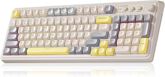 AULA S99 Gaming Keyboard, Ergonomic Computer Keyboards, Wireless Creamy Keyboard Full Size Cute Backlit Media Knob Programmable Tri-Mode Bluetooth/2.4GHz/USB-C Keyboard for PC Gamer - Grey & Yellow
