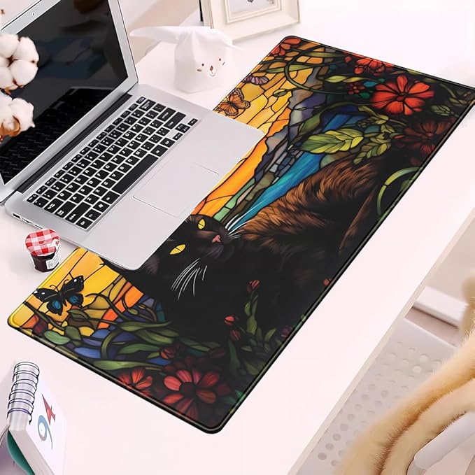 Black Cat Desk Mat Retro Flower Mouse Pad Large Mousepad, Enamel Aesthetic Gaming Mouse Pad Boho Desk Pad Large Decor Computer Mat, with Stitched Eges Non-Slip Base Mouse Pads Accessories 31.5"x15.7"
