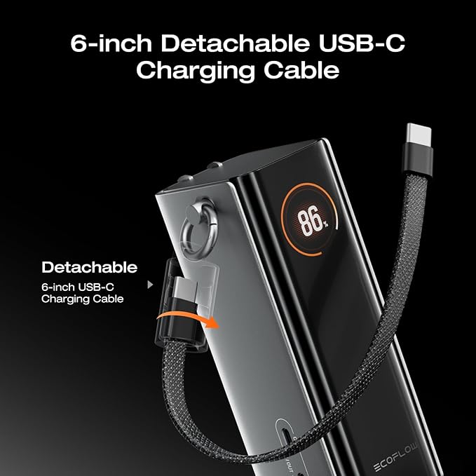 EF ECOFLOW RAPID Pro Power Bank with 65W Wall Plug, 10,000mAh 3-in-1 Portable Charger with Built-in USB-C Cable, 45W Fast Recharging, Travel Essentials for iPhone 17/16 Series, Galaxy, Laptops, and More