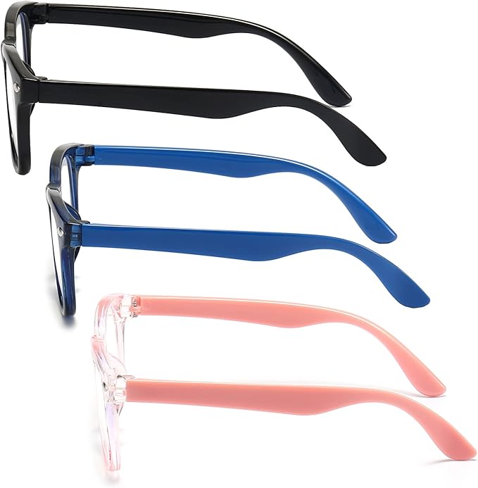 FANNYGO Kids Blue Light Blocking Glasses 3 Pack Fanngo Kids Computer Reading Glasses for Boys And Girls Age 3-9 (Black + Dark blue + Light powder)