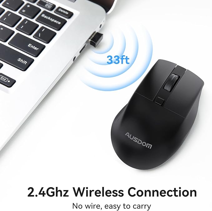 AUSDOM Wireless Mouse for Laptop - Computer Mouse with 2.4G USB Mini Receiver, 1600 DPI Optical Tracking, Cordless Portable Computer Mice for PC, Mac, Notebook, Black