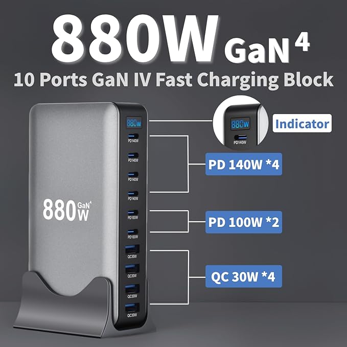 880W USB C Fast Charger Block, 10 Ports GaN IV Pro USB Chagring Station, 140W PD QC HUB for Multiple Devices, Laptop Adapter Compatible with MacBook Pro/Air iPad iPhone Pro Max, Galaxy, Dell, HP