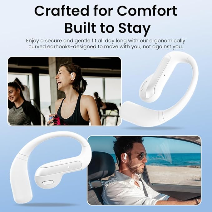 Open Ear Bluetooth 5.3 Earbuds, Wireless Headphones Sport Over Earphones Built-in Mic with Ear Hooks, 58H Playtime Ear Buds Fast Charging, IPX7 Waterproof for Running/Workout-White