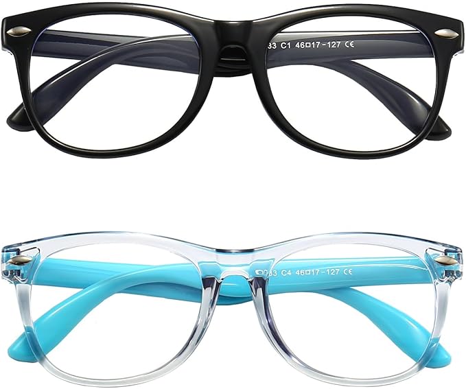 FANNYGO 2 Pack kids Blue Light Blocking Glasses For Girls And Boys Computer Blue Light Blocking Glasses For Age 3-11 (Black + Light blue)