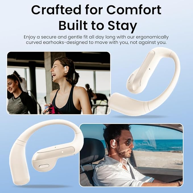 Open Ear Bluetooth 5.3 Earbuds, Wireless Headphones Sport Over Earphones Built-in Mic with Ear Hooks, 58H Playtime Ear Buds Fast Charging, IPX7 Waterproof for Running/Workout-Off White