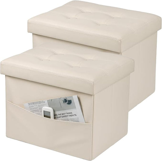 Bsketa Storage Ottoman Foot Rest Stool, Small Leather Storage Ottomans Bench, Folding Footstool with Side Pockets, Foot Rest Under Desk for Living Room Bedroom, 16x12x12 in, Beige 2 Pack