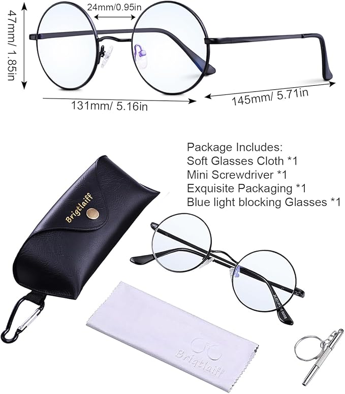 Brigtlaiff Round Blue Light Blocking Glasses for Men Women, Computer Gaming TV Glasses Anti Eyestrain with Metal Frame