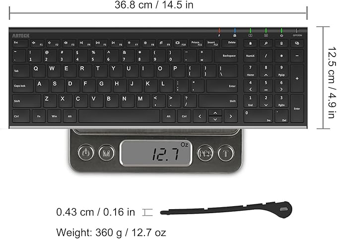Arteck USB Wireless Keyboard Stainless Steel Ultra Slim Keyboard with Numeric Keypad for Computer/PC/Laptop and Windows 11/10/8 Rechargeable Battery