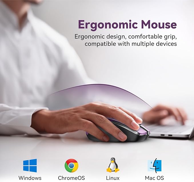 TechRise Bluetooth Mouse (BT5.0/3.0 & 2.4G) Rechargeable Wireless Mouse, 4800 DPI Optical Tracking, 6 Adjustable DPI, 2.4GHz with USB A Receiver, Quiet Clicks, Ergonomic Grips, 6 Buttons - Purple