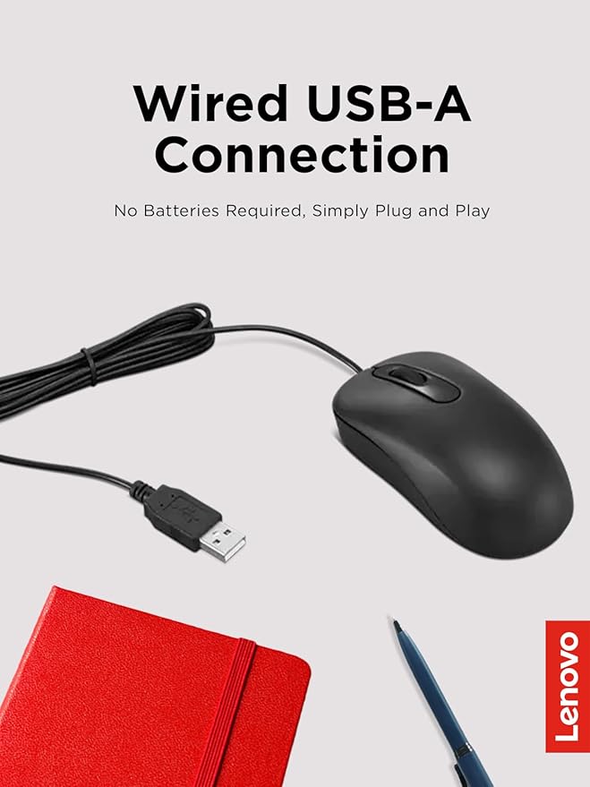 Lenovo 100 Wired USB Computer Mouse for PC, Laptop, Computer with Windows - Full-Size - Ambidextrous Design - 3 Buttons - Red Optical Sensor ?€? Black