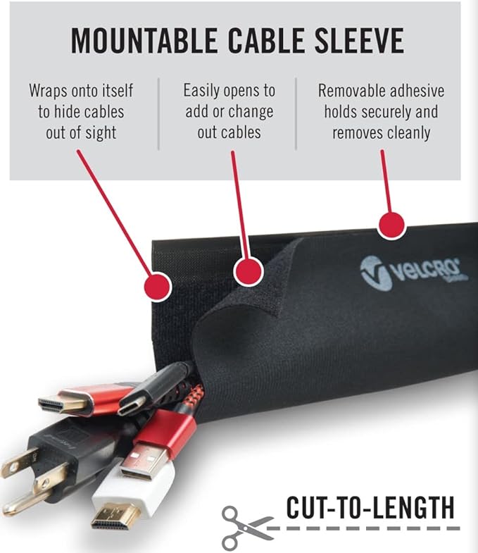 VELCRO Brand VEL-30797-USA Mountable Cable Sleeve | Cord Management Mounts on Walls, Desk or Entertainment Center | Removable Adhesive is Damage Free | 12in Black, 2pk, 12in-2Pk - Image 2