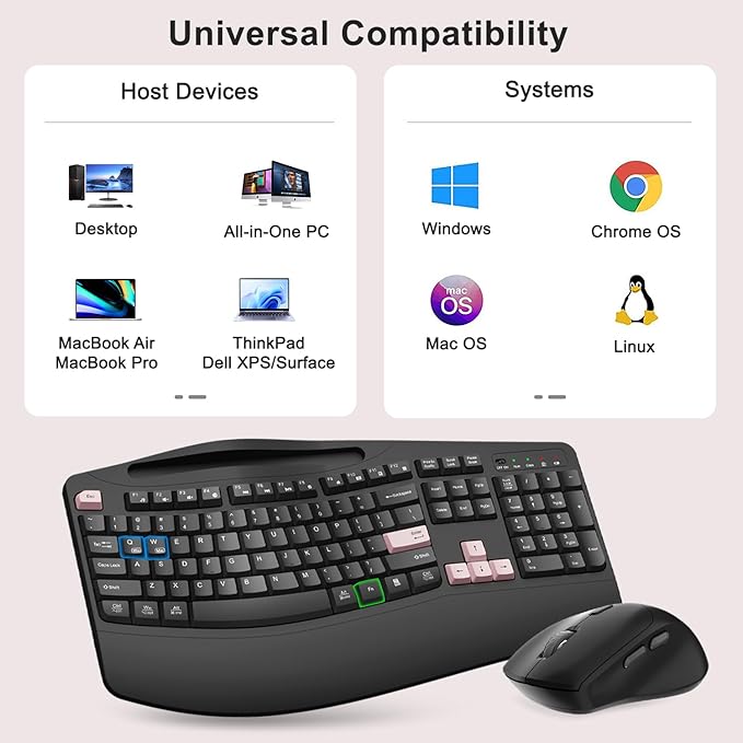 Wireless Keyboard and Mouse Combo, 2.4G Full Size Wave Keys Ergonomic Keyboard with Wrist Rest, Phone Holder, 3-Level DPI Wireless Silent Mouse with 6-Buttons, for Windows (Pink)